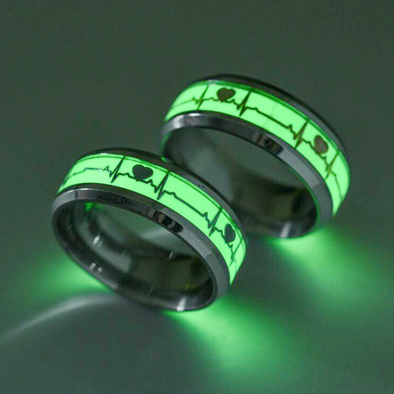 Stainless Steel Luminous Heartbeat Ring ECG Titanium Steel Couple Ring