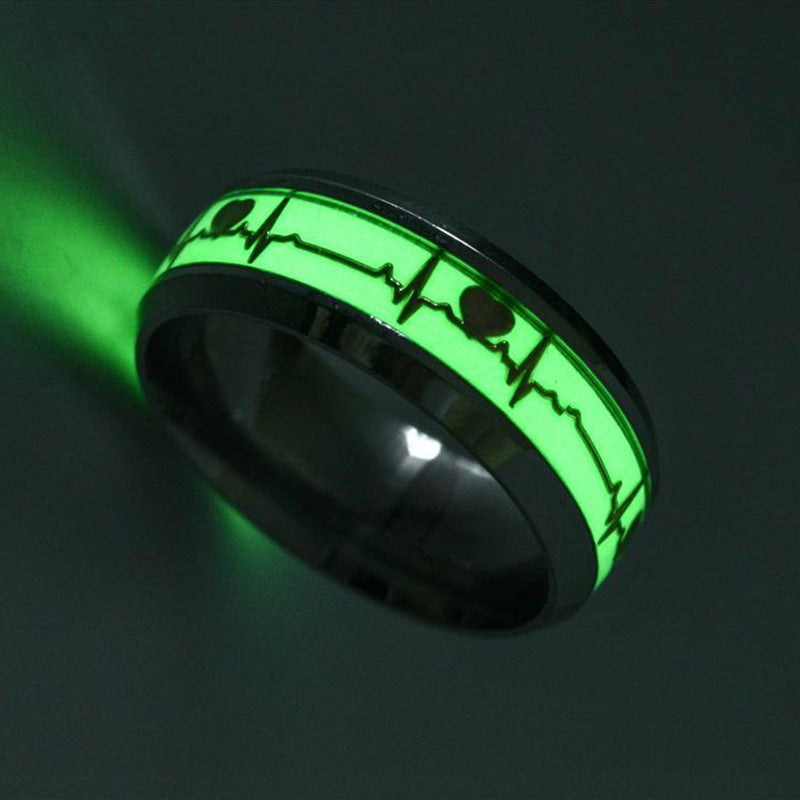 Stainless Steel Luminous Heartbeat Ring ECG Titanium Steel Couple Ring