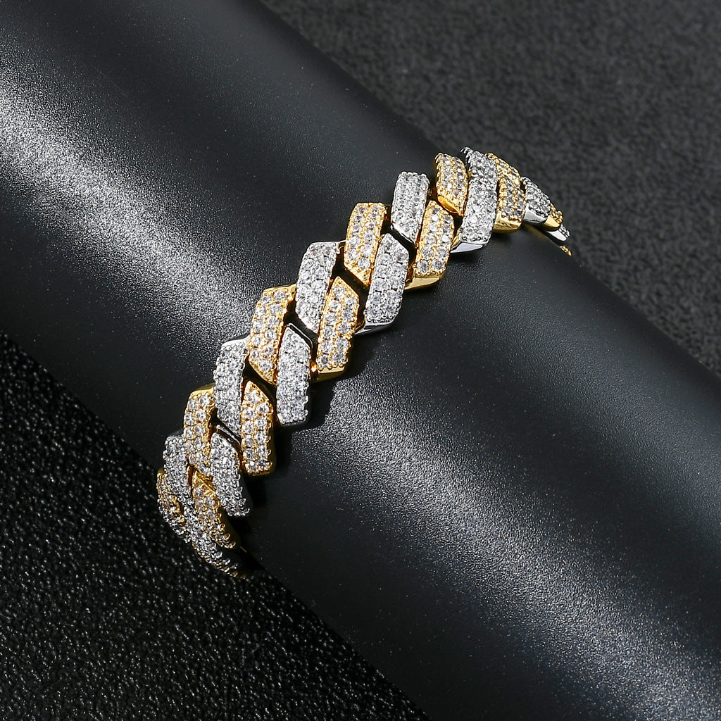 Cuban Chain Micro-Inlaid Zircon Between Gold Two-Tone Men'S Cuban Chain Hip Hop Bracelet