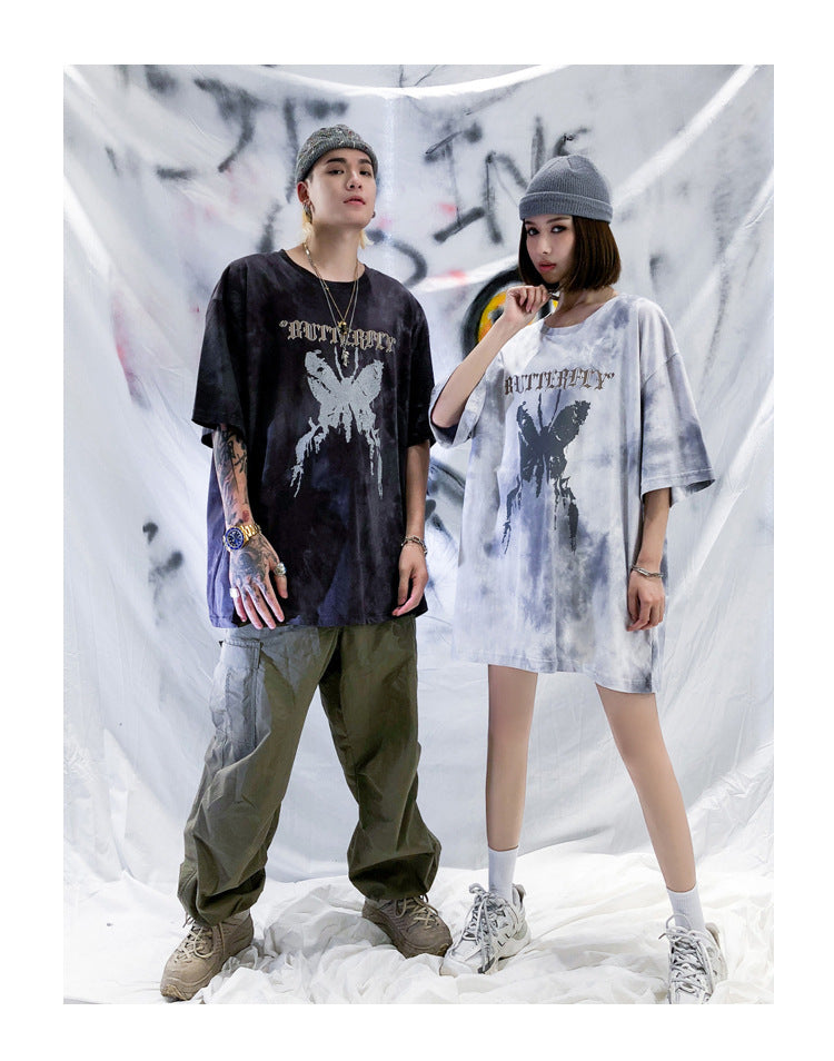 Tie-dye Butterfly Print Street Men And Women Same Style Couples Hip-hop Loose Short-sleeved Original T-shirt