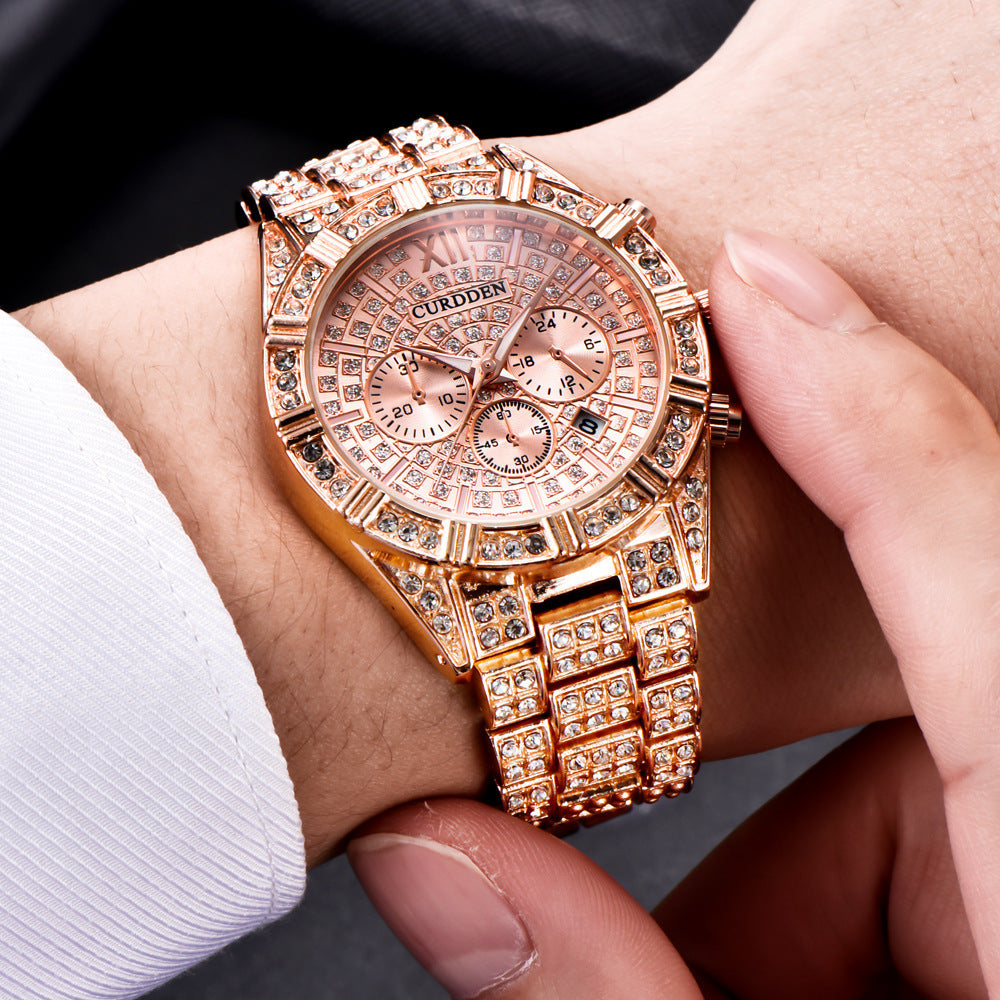 Watch Men's Fashion Alloy Quartz Watch With Diamond Calendar