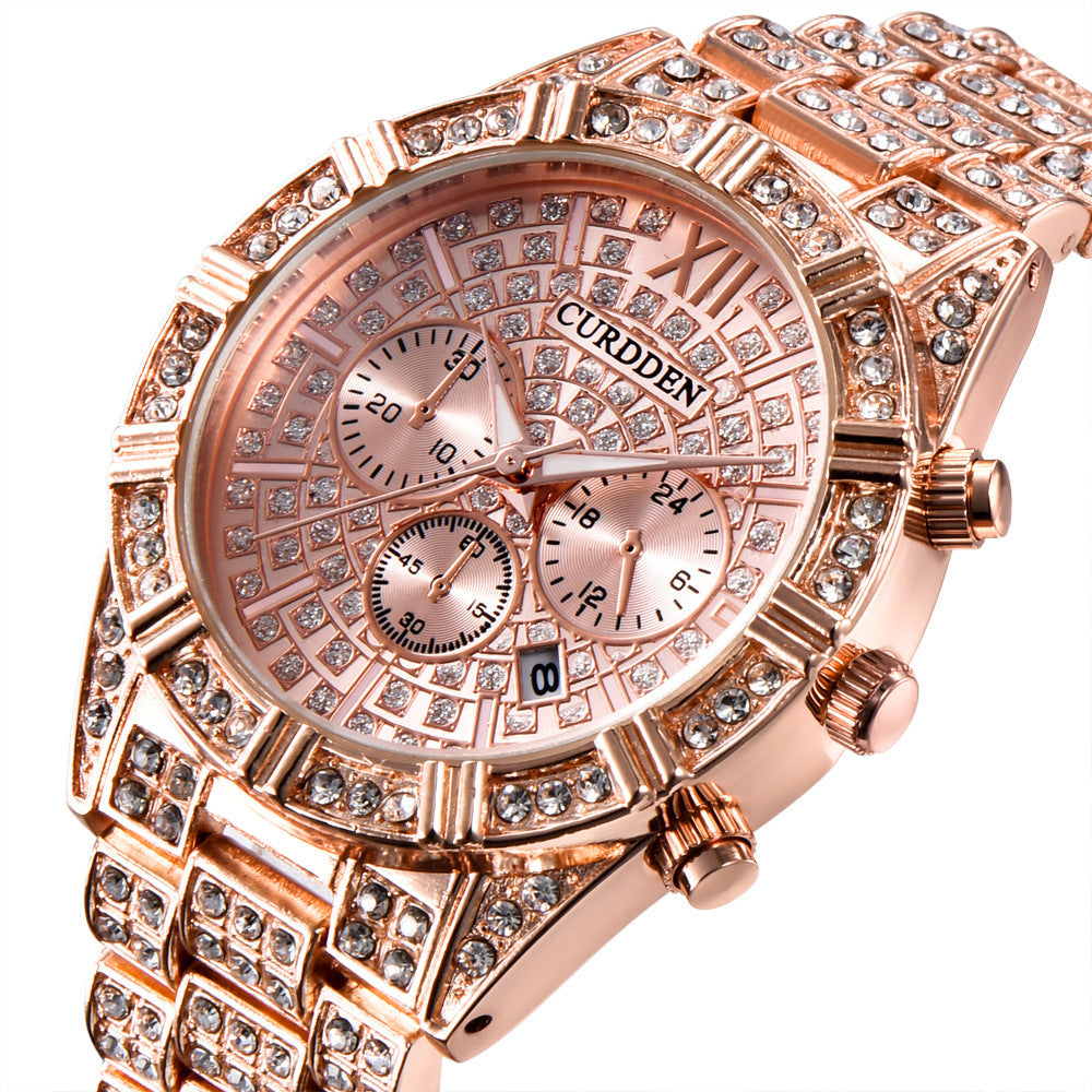 Watch Men's Fashion Alloy Quartz Watch With Diamond Calendar