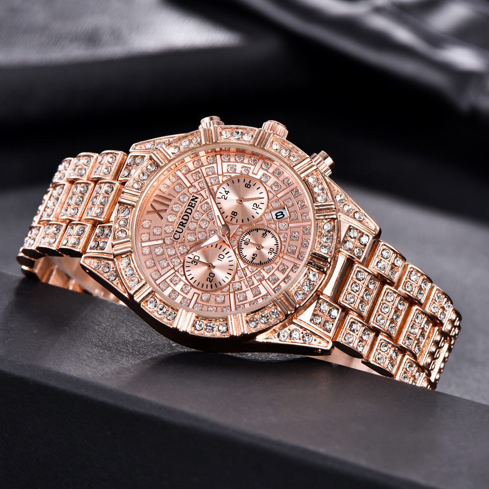 Watch Men's Fashion Alloy Quartz Watch With Diamond Calendar