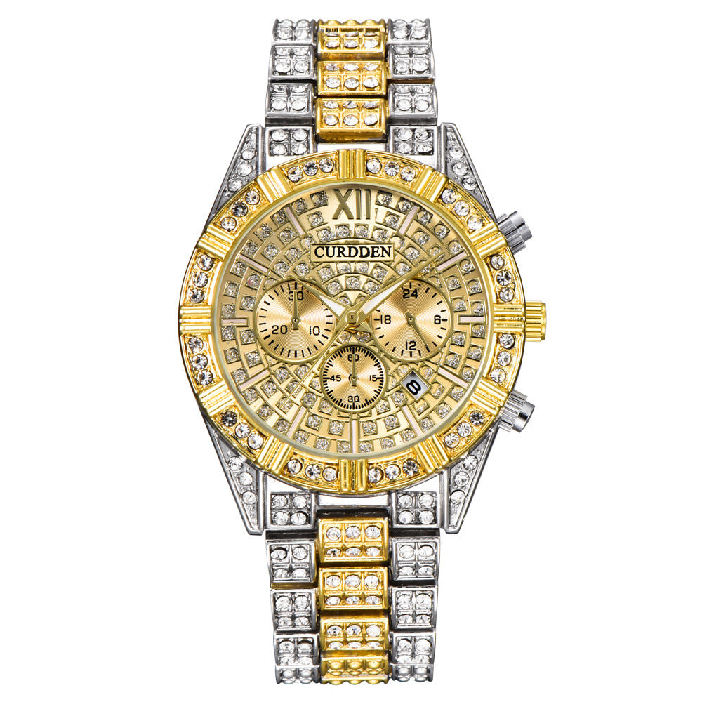 Watch Men's Fashion Alloy Quartz Watch With Diamond Calendar