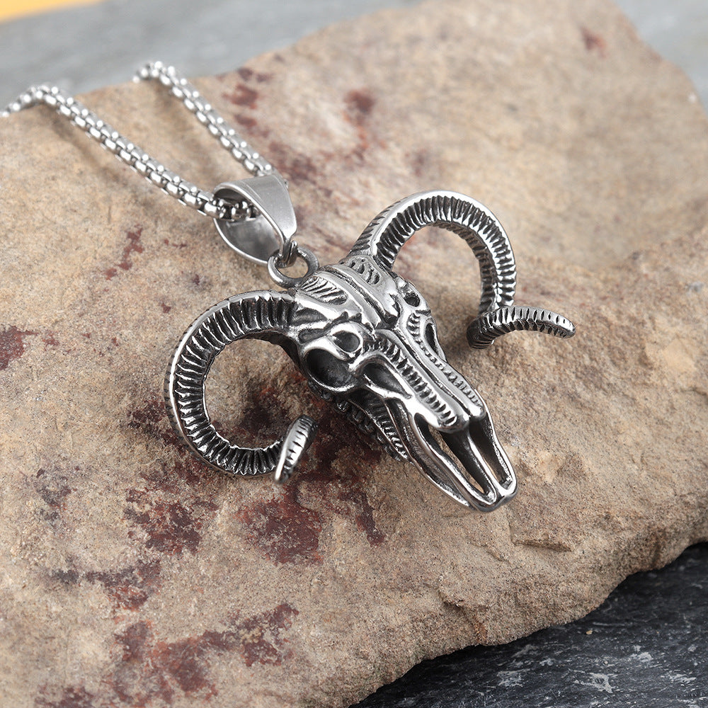 Stainless Steel Hip Hop Head Horn Skull Pendant Necklace