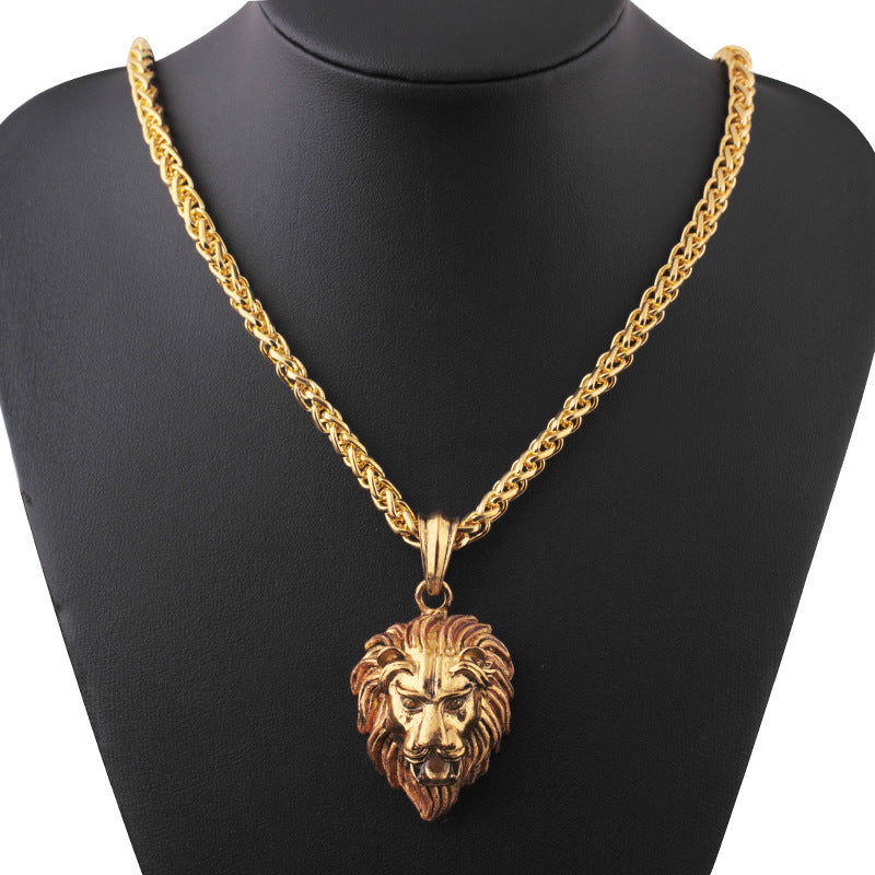 Vintage lion head hip hop luminous necklace domineering neutral gold-plated hiphop animal pendant