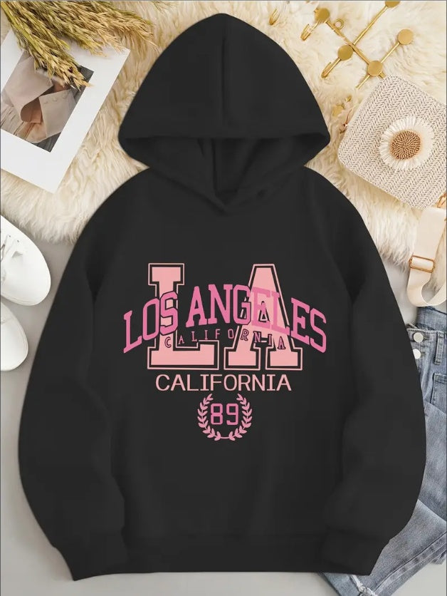 Los Angeles California Graphic Print Hoodie  Casual Style Pullover With Hood, Rib-Knit Detail - Fall Winter Collection For Women - Knit Fabric Hooded Sweatshirt With Trendy Patterns