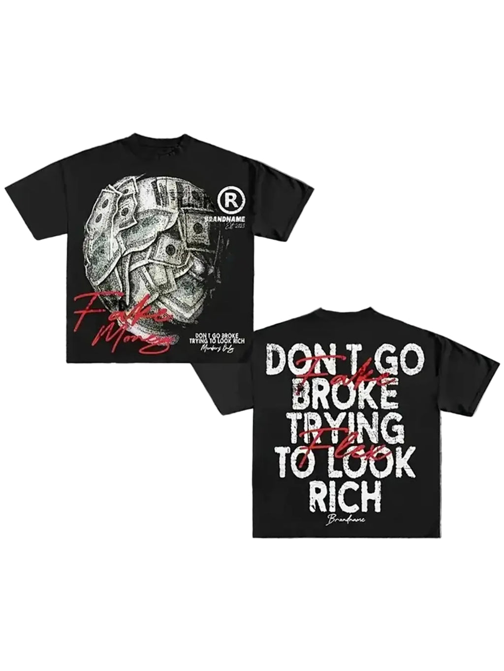 Black t-shirt with graphic design and text on a textured gray background