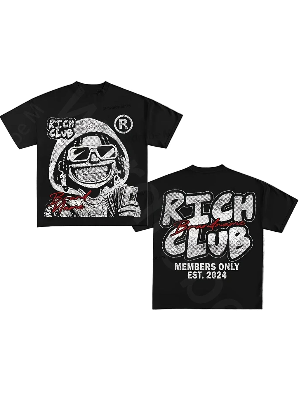 Black t-shirt with 'Rich Club' graphic design on a textured gray background