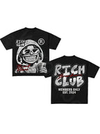 Black t-shirt with 'Rich Club' graphic design on a textured gray background