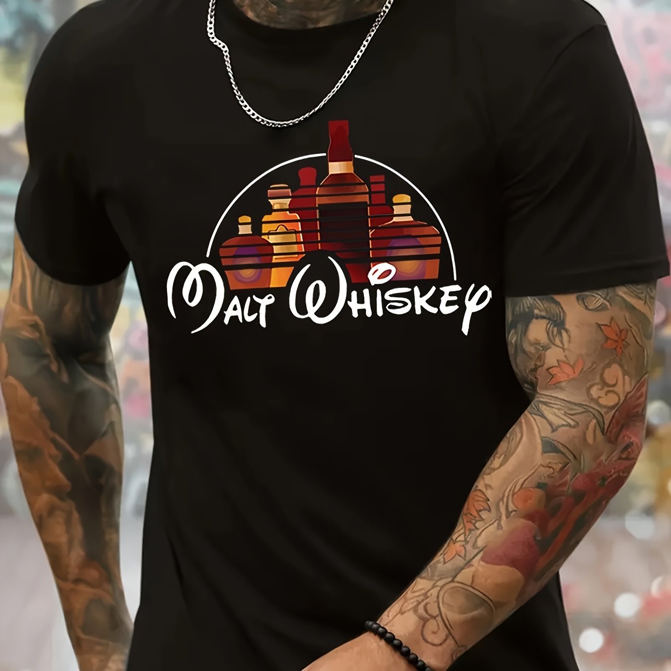 Whiskey Bottle Graphic Printed Men's Round Neck Short Sleeved T-shirt, Suitable For Outdoor Sports, Daily Street Life