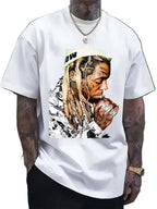 White t-shirt with a graphic of a person with tattoos and a hat, worn by a person.