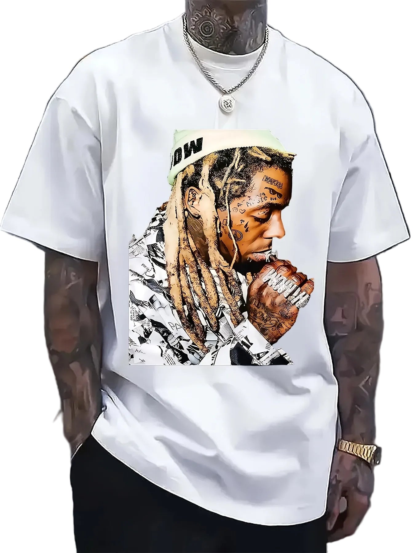 White t-shirt with a graphic of a person with tattoos and a hat, worn by a person.