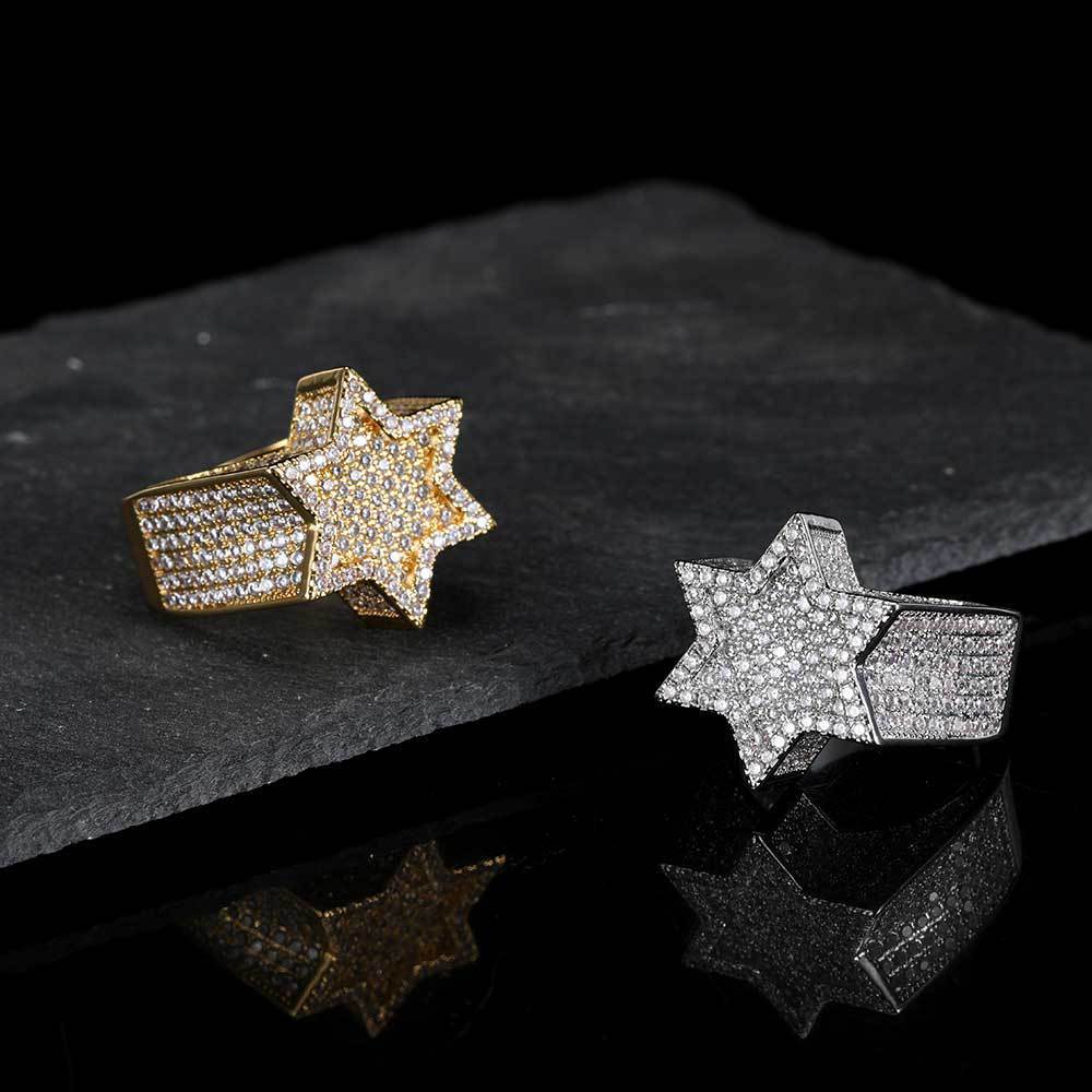 Hip Hop Micro Inlaid Zircon Six-pointed Star Men's Ring