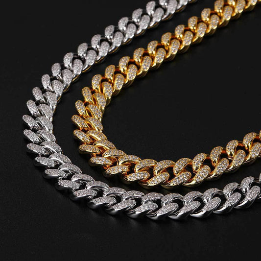 Hip Hop Jewelry 12mm Full Diamond Cuban Chain Real Gold Plating