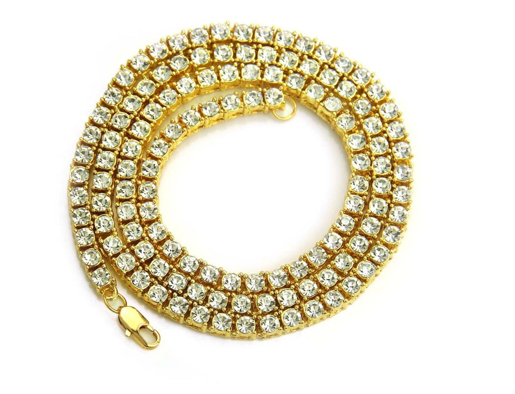 Men's Hip Hop Diamond Gold Necklace Alloy Pendant Full Rhinestone Single Row Item Jewelry