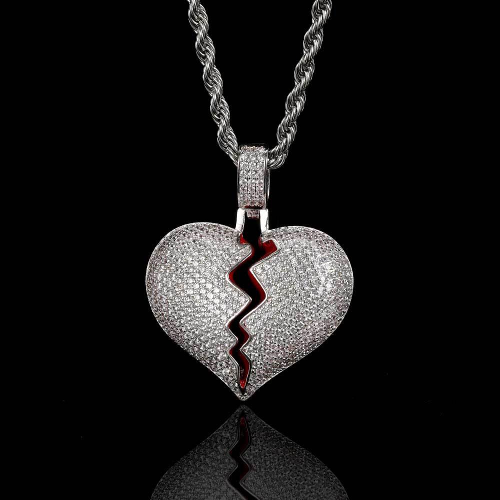 Hip Hop Copper Set Zircon Broken Heart Shape Pendant Real Gold Electroplated Couple Necklace