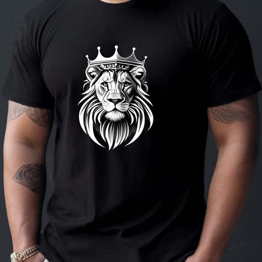 Lion Wearing Crown Print T-shirt, Men's T-shirt, Summer Casual Short Sleeved T-shirt