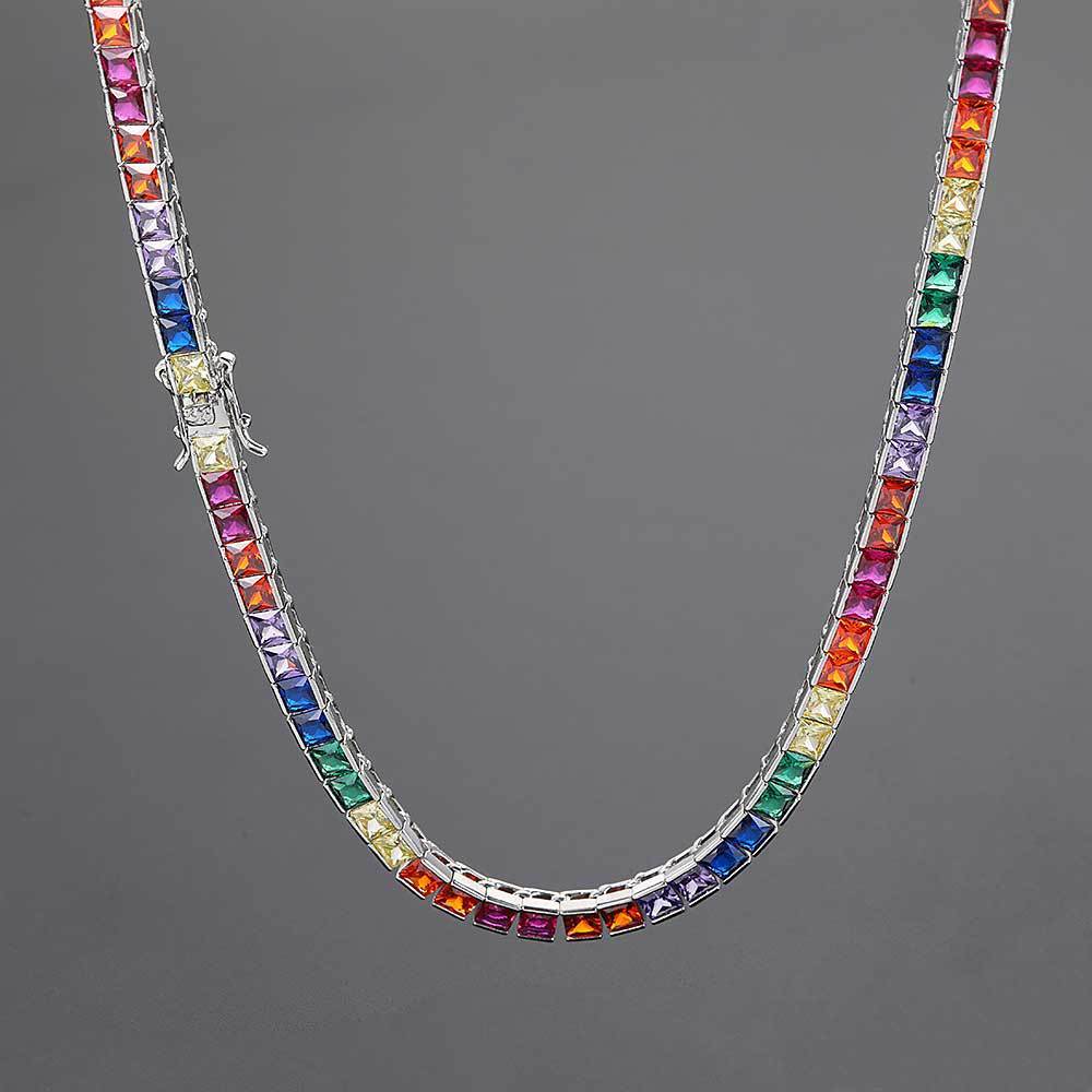 Simple Hip Hop 4mm Colorful Square Tennis Chain Necklace