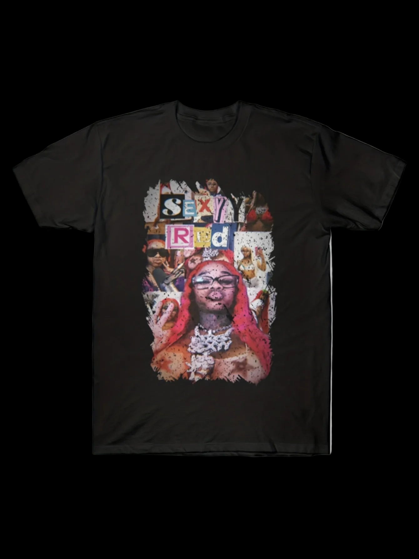 Black t-shirt with colorful graphic design featuring a person and text on a white background