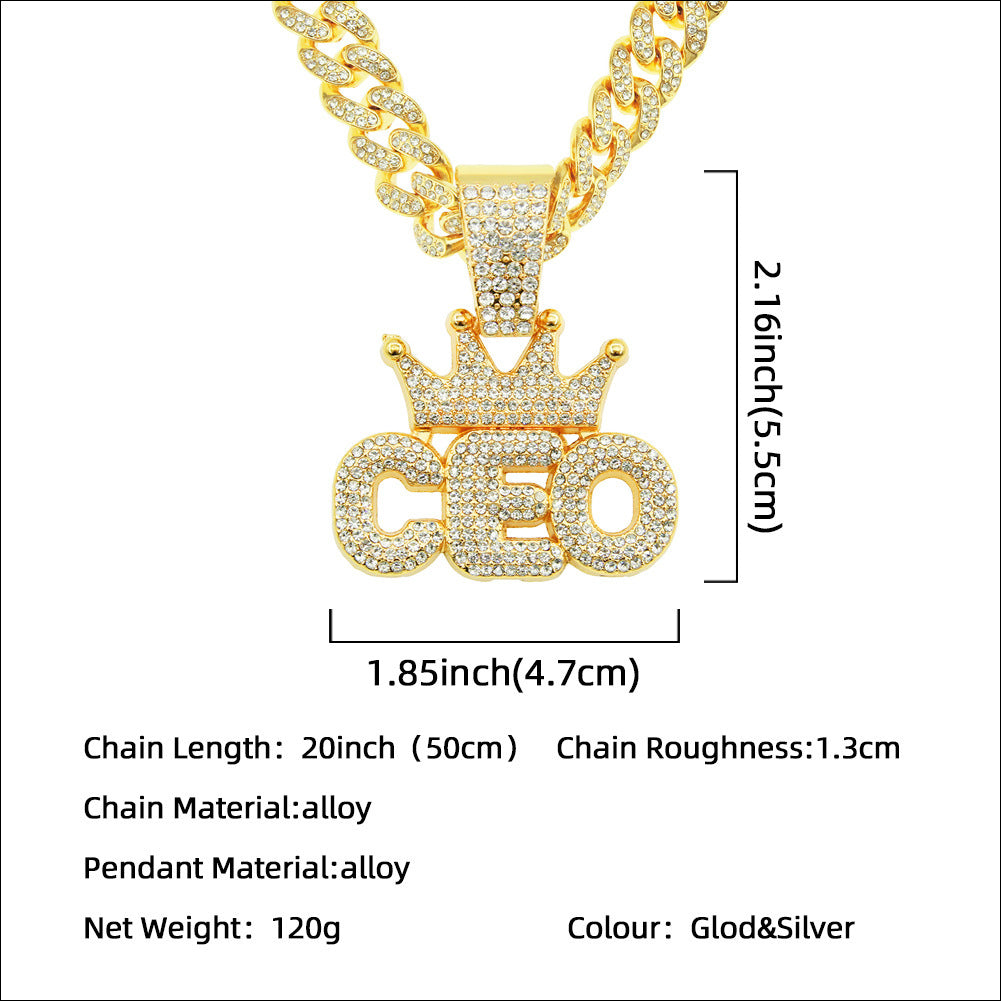 European Hip Hop Full Diamond Crown Letters Pendant Cuban Necklace