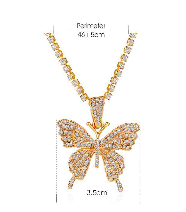 Explosive Rhinestone Butterfly Pendant Necklace Hip-hop Jewelry Tennis Choker Cuban Butterfly Necklace