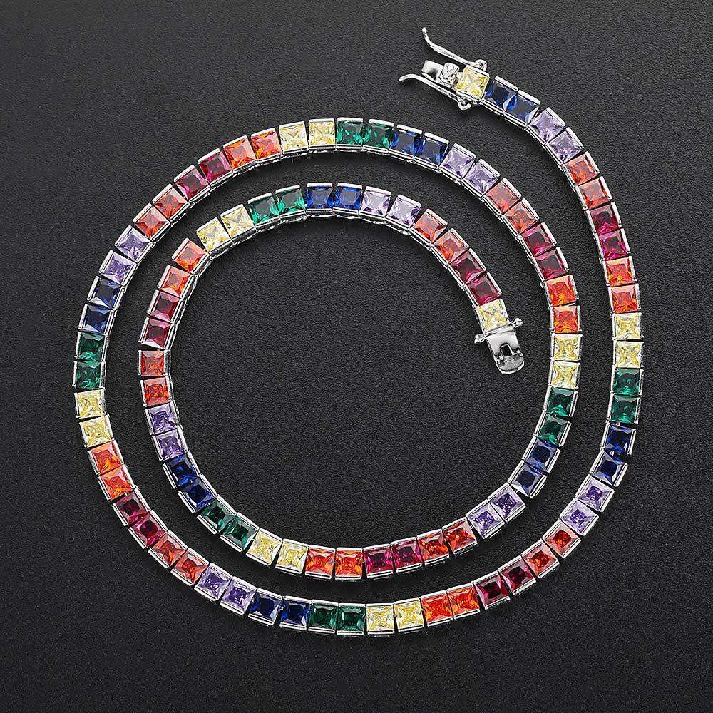 Simple Hip Hop 4mm Colorful Square Tennis Chain Necklace