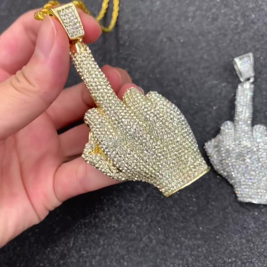 Personalized Vertical Middle Finger Hip Hop Pendant Full Rhinestone Necklace