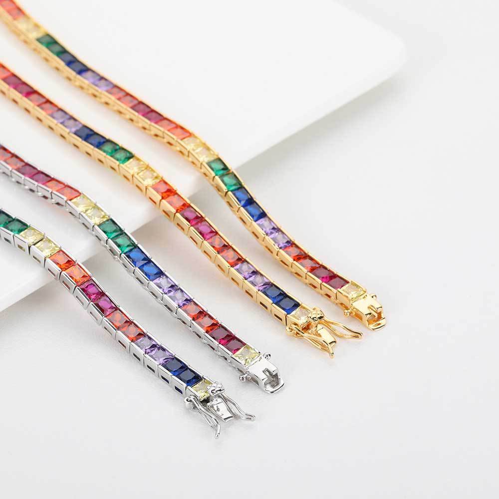 Simple Hip Hop 4mm Colorful Square Tennis Chain Necklace