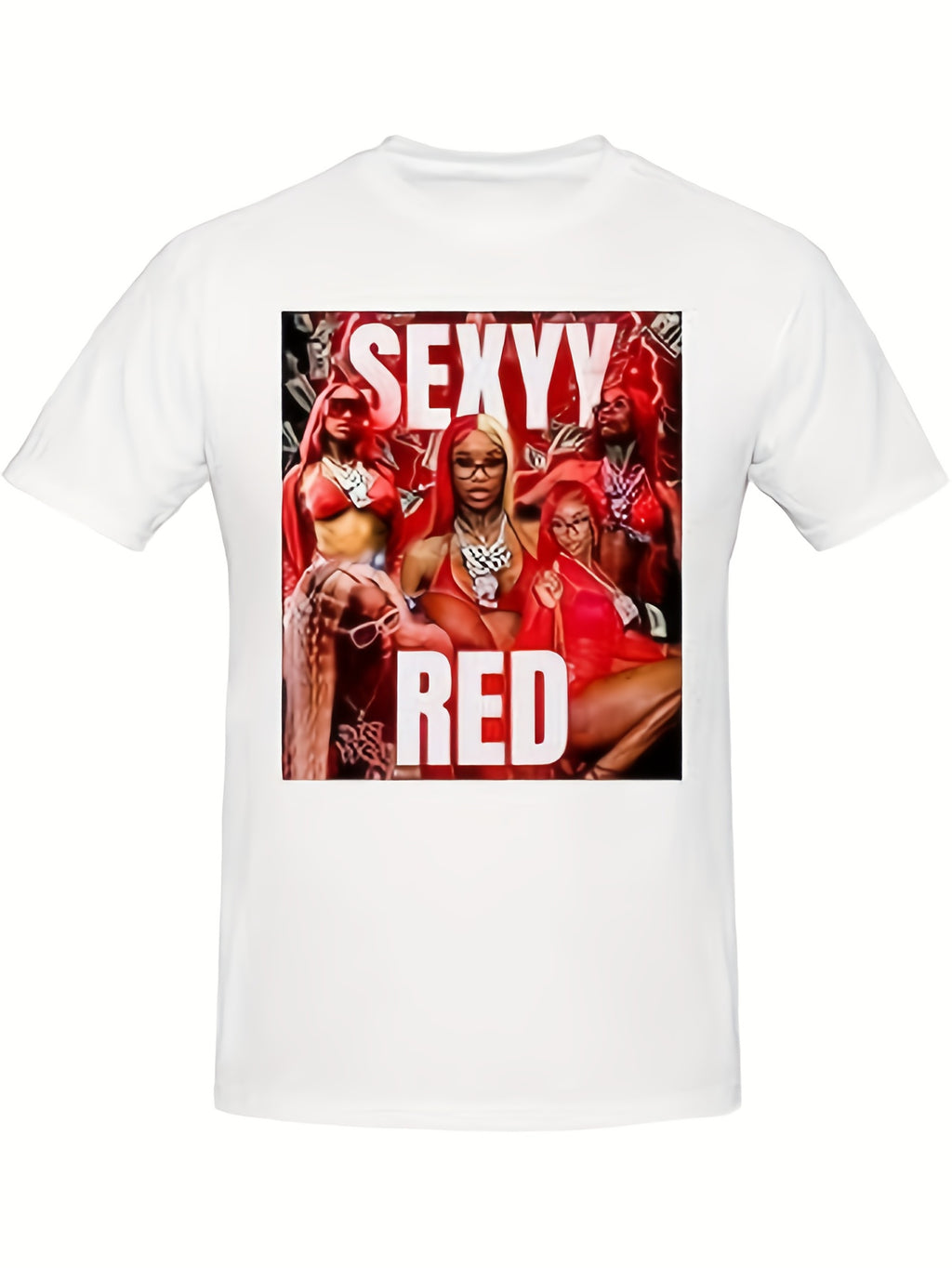 White t-shirt with a graphic of three women in red outfits and 'SEXY RED' text on a white background