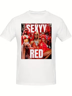 White t-shirt with a graphic of three women in red outfits and 'SEXY RED' text on a white background