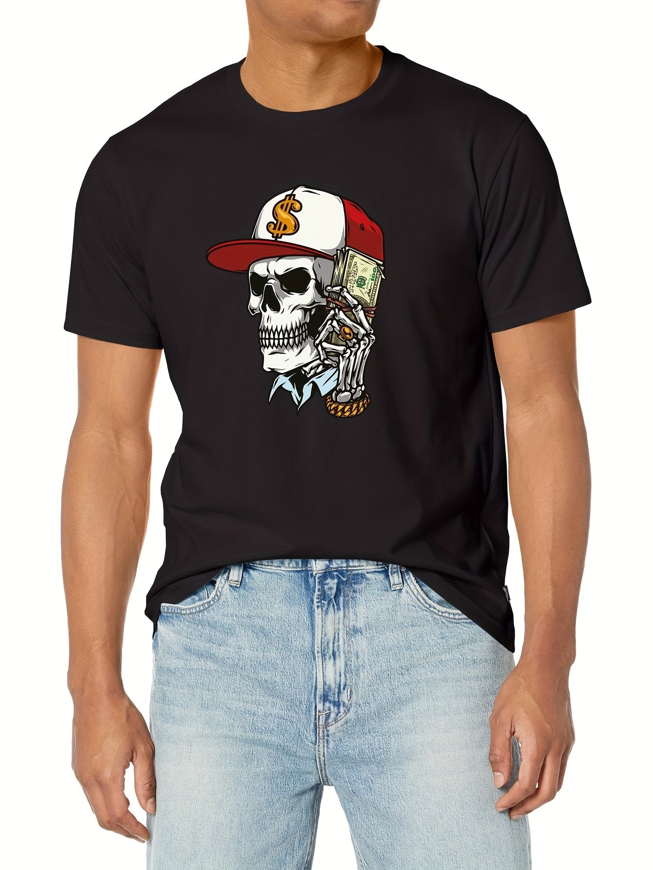 Skull And A Lot Of Money Printed T-shirt, Men's T-shirt, Summer Casual Short Sleeved T-shirt