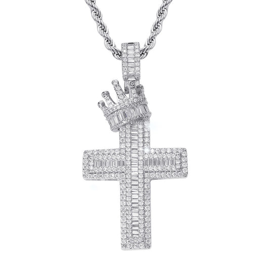 Square Zircon Micro Inlaid Crown Cross Hip Hop Pendant Ncklace