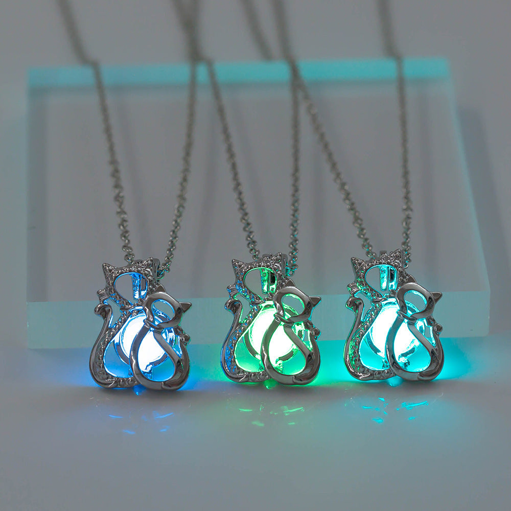 Two cats family love luminous pendant necklace