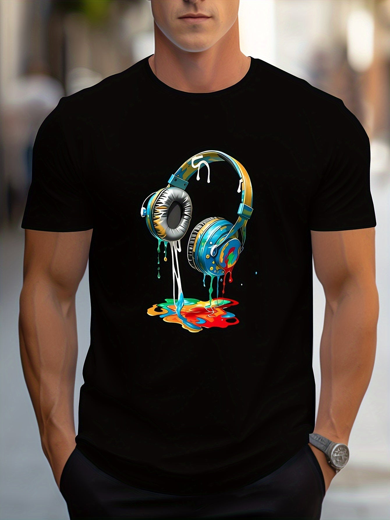 Earphone Printed T-shirt For Men's Casual Style, Summer And Autumn Slightly Elastic Round Neck T-shirt