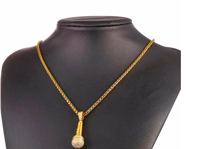 Stainless Steel 18K Gold Plated Rhinestone Women Men Hip Hop Jewelry Ice Out Chain Necklace Microphone Pendant