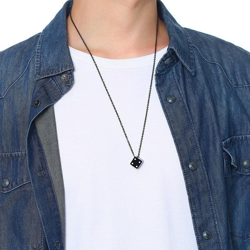 Stainless Steel Dice Pendant Men's Necklace Steel Color Black Hip Hop Jewelry