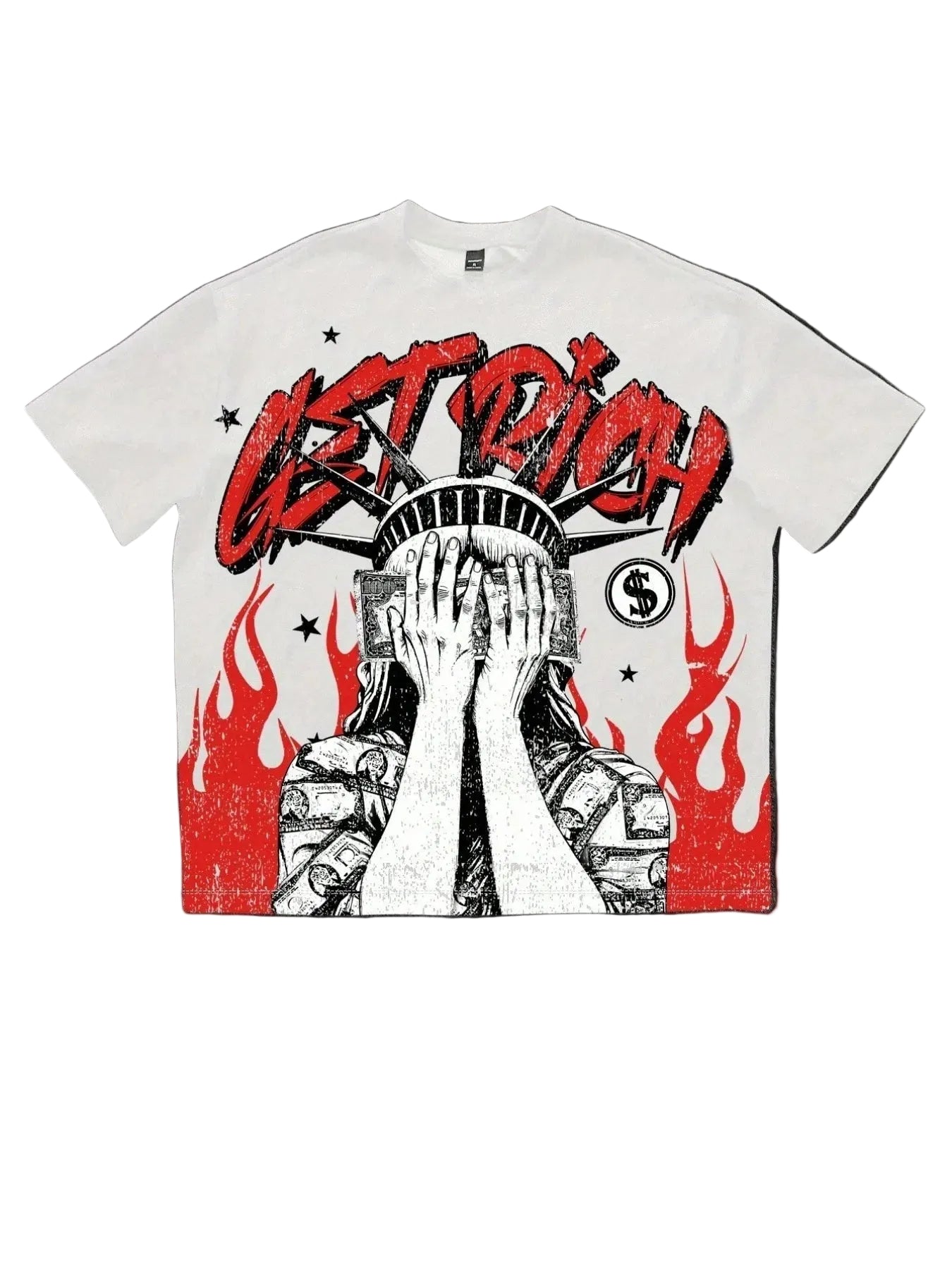 White t-shirt with graphic design and text on a gray surface