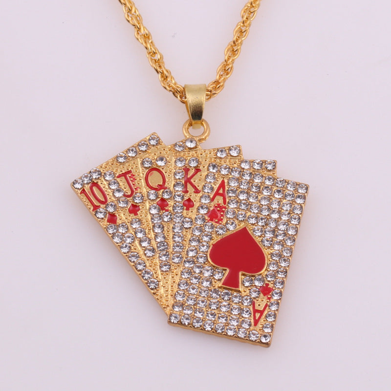 Ice Out Full Diamond Playing Card Necklace With Zircon Inlaid Flush Hip Hop Pendant