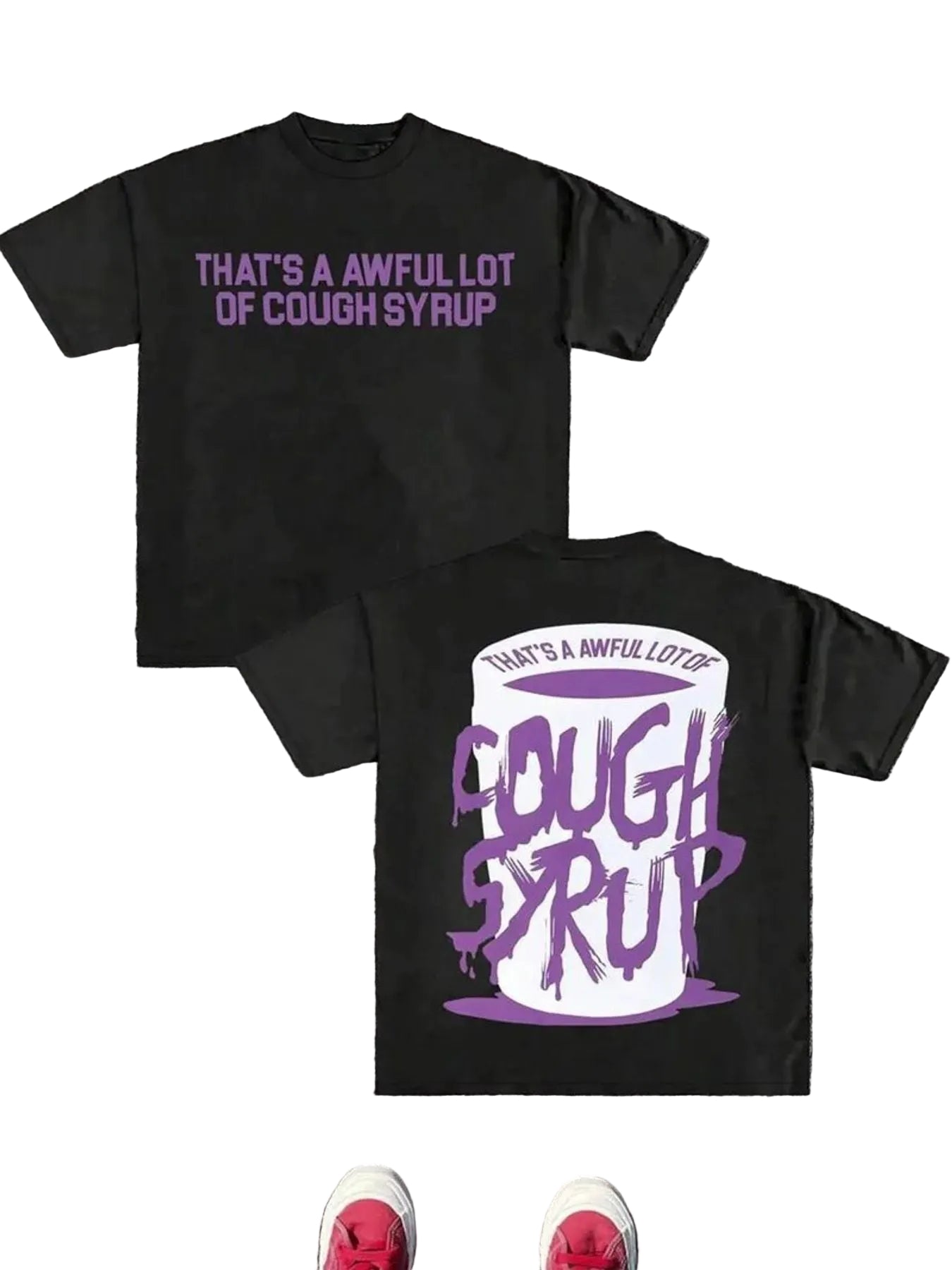 Black t-shirt with purple and white text on a textured surface