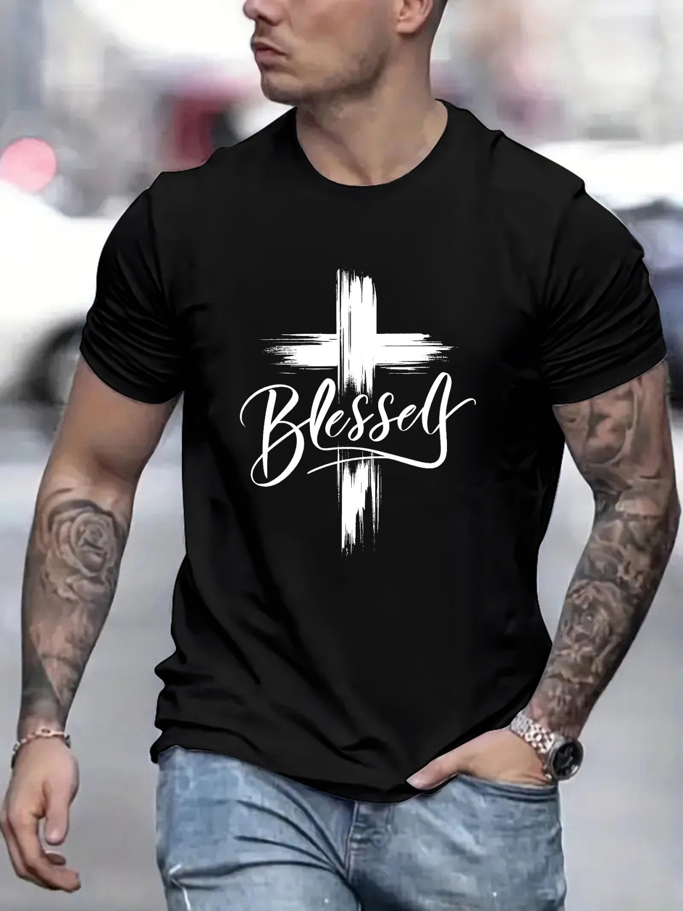 Blessed Print T-shirt, Men's T-shirt, Summer Casual Short Sleeved T-shirt