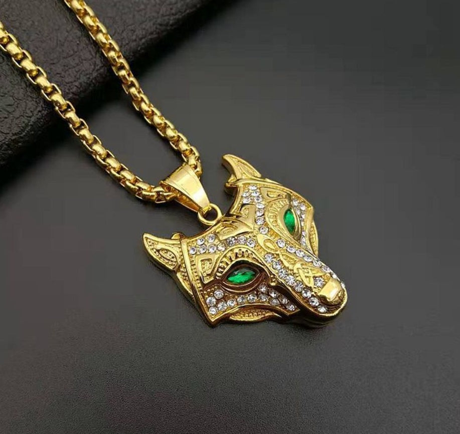 Men Stainless Steel Necklace Gold Color Viking Wolf Head Necklace Pendant With Chain Iced Out Norse Talisman Ethnic Jewelry