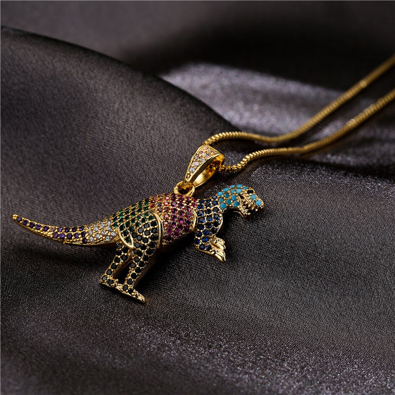 Hip Hop Bronze Micro-inlaid Zirconium Dinosaur Pendant Necklace