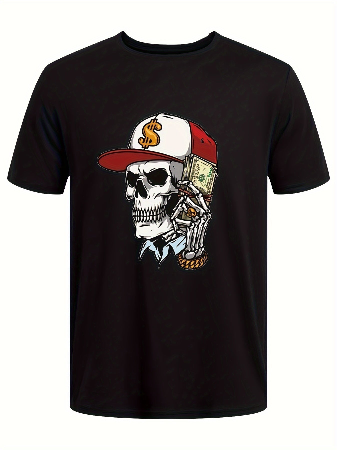 Skull And A Lot Of Money Printed T-shirt, Men's T-shirt, Summer Casual Short Sleeved T-shirt