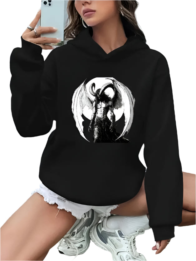 Casual Polyester Hoodie With Celestial Print, Alphabet & Floral Pattern, Long Sleeve Pullover, Rib-Knit Hooded Sweatshirt, With Drawstring