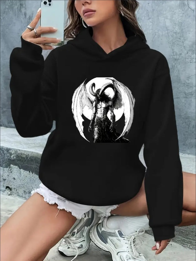 Casual Polyester Hoodie With Celestial Print, Alphabet & Floral Pattern, Long Sleeve Pullover, Rib-Knit Hooded Sweatshirt, With Drawstring