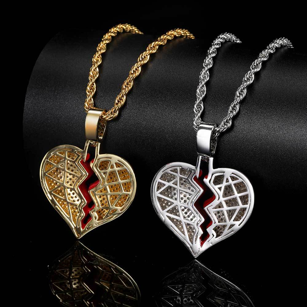 Hip Hop Copper Set Zircon Broken Heart Shape Pendant Real Gold Electroplated Couple Necklace