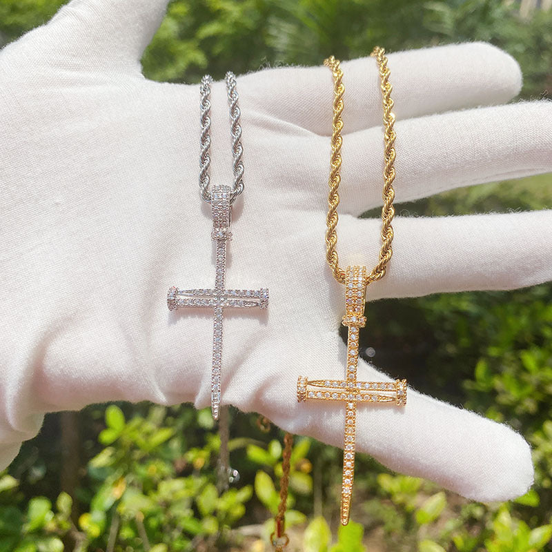 Copper Inlaid Zircon Nail Cross Pendant Hip Hop Necklace