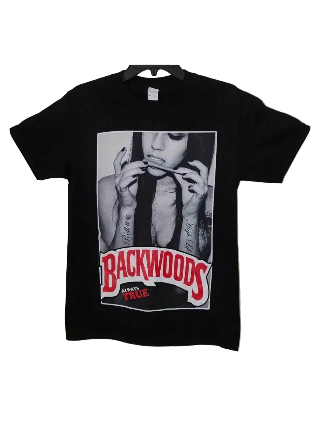 Black t-shirt with graphic design and text on a white background