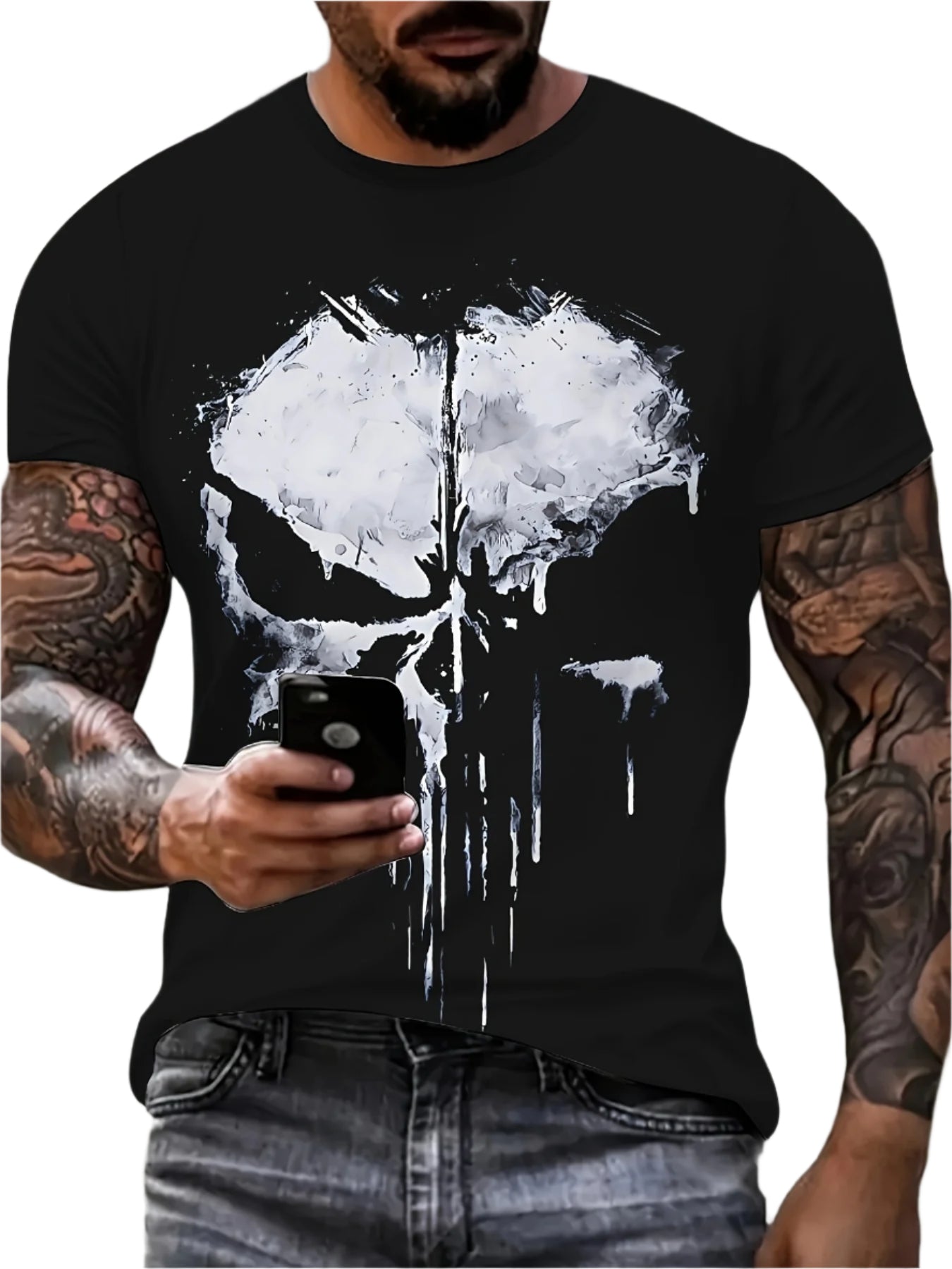 Skull Shaped 3D Printed Men's Round Neck Short Sleeved T-shirt, Summer Fashionable T-shirt, Casual And Comfortable Versatile Top, Suitable For Daily Outdoor Street Wear